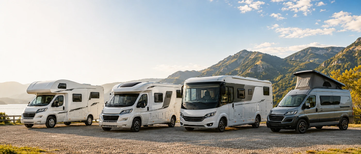 Verschiedene Wohnmobiltypen vor einer Berglandschaft