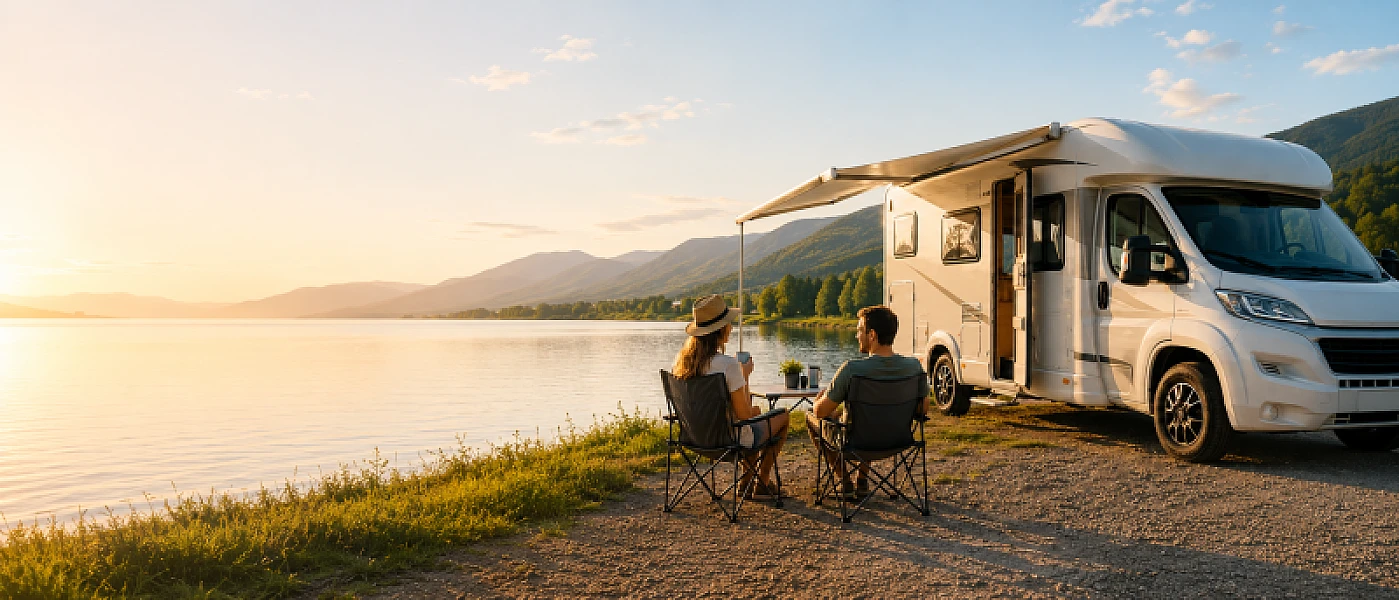 Wohnmobil auf Reisen vor einer Berglandschaft